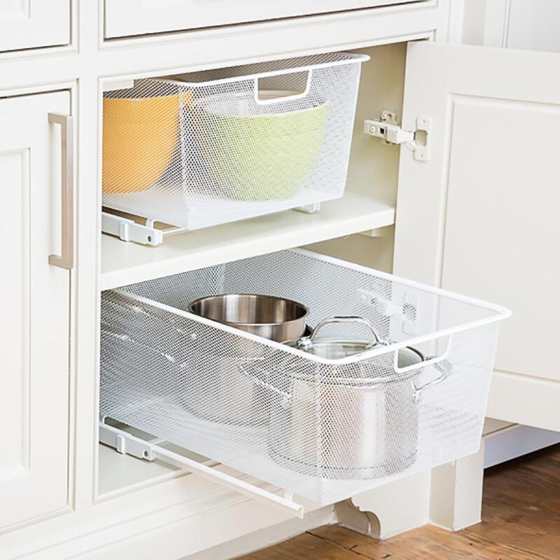 White Cabinet-Sized Elfa Mesh Easy Gliders for Kitchen Storage